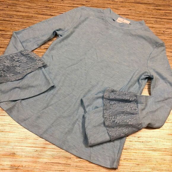 M-113 LOVE, FIRE lace trim sleeve top BLUE SPARKLE size S nwot - Picture 1 of 1